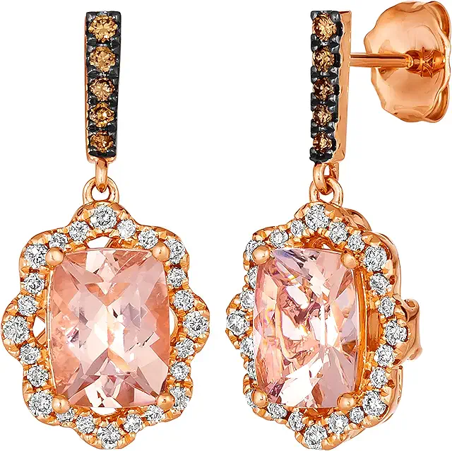LE VIAN 2/5 Carat Diamond and 2 Carat Cushion Cut Morganite Drop Earrings for Women in 14k Rose Gold (White/Fancy Brown, cttw)