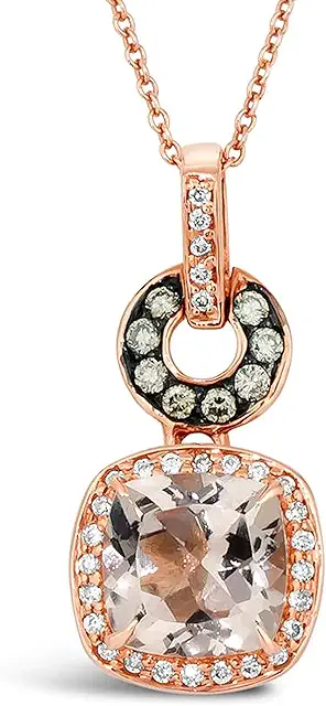 LeVian 14K Rose Gold, Cushion Cut Morganite & 1/4 Cttw White/Chocolate Diamond Halo Pendant Necklace